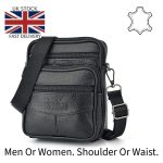 Genuine Leather Travel Bag Versatile Waist & Shoulder Carry - Black | Tealy
