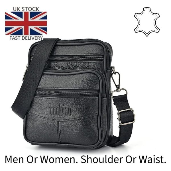 Genuine Leather Travel Bag Versatile Waist & Shoulder Carry - Black | Tealy