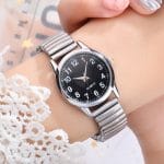 -1089687183436812228 Ladies Women's Expander Expanding Watch Quartz Easy Read Numbers Black Dial Silver