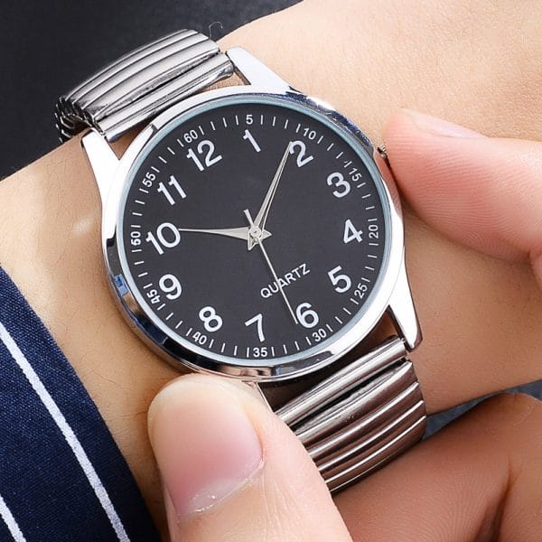 -1089772792251832253 Men's Expander Expanding Watch Quartz Easy Read Numbers Black Dial Silver