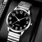 1765372509791 Men's Expander Expanding Watch Quartz Easy Read Numbers Black Dial Silver
