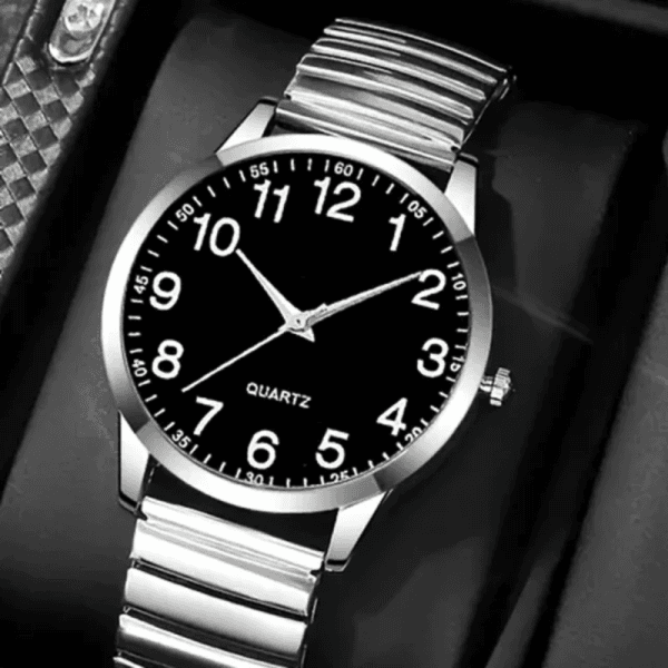 1765372509791 Men's Expander Expanding Watch Quartz Easy Read Numbers Black Dial Silver
