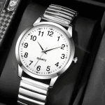 Men's Expander Expanding Watch Quartz Easy Read Numbers White Dial Silver