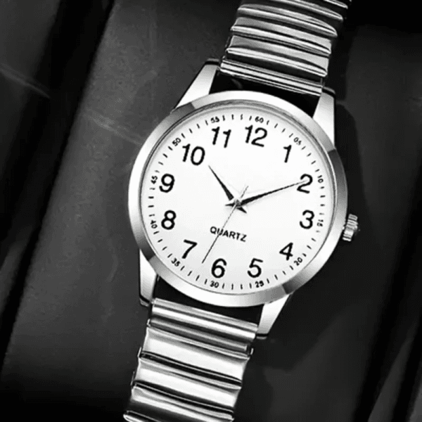 1770367275228 Ladies Women's Expander Expanding Watch Quartz Easy Read Numbers White Dial Silver